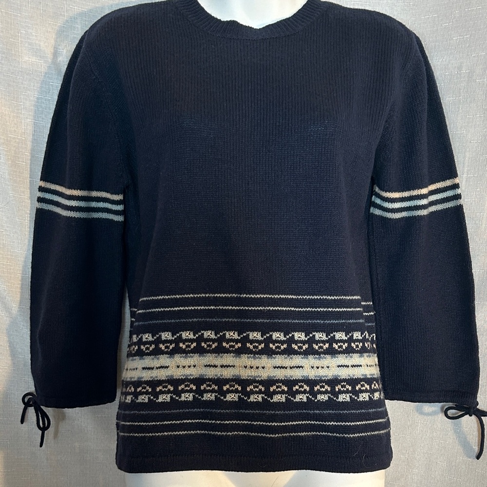 Fair Isle Lambswool Nordic Sweater Navy Tie Cuff Preppy Cottagecore M